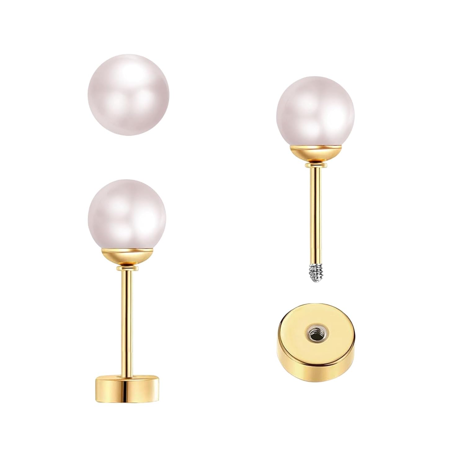 Body Jewelry Flat Back - 3 Pairs Tiny Pearl Stud Earrings